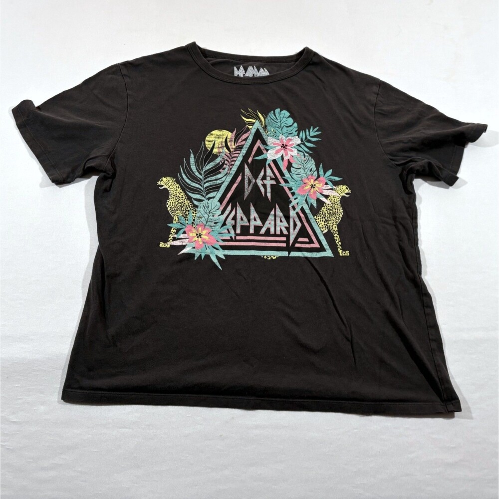 Def Leppard Graphic Shirt Womens Cropped Tropical Band Tee Printed Black Sz XS